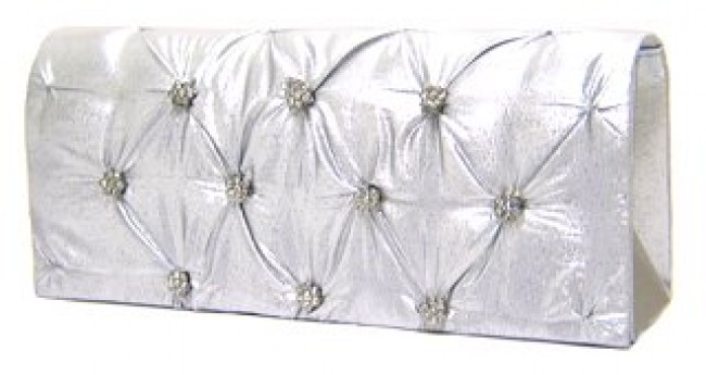 Evening Bag - Satin Embellished w/ Flower Rhinestones – Silver – BG-38044SV